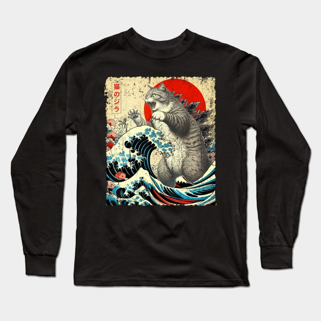 Catzilla Cat Japanese Art Funny Long Sleeve T-Shirt by HannessyRin